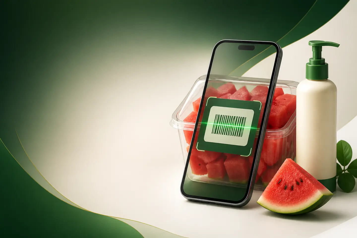 Telemóvel a ler um código de barras junto de um alimento e um cosmético